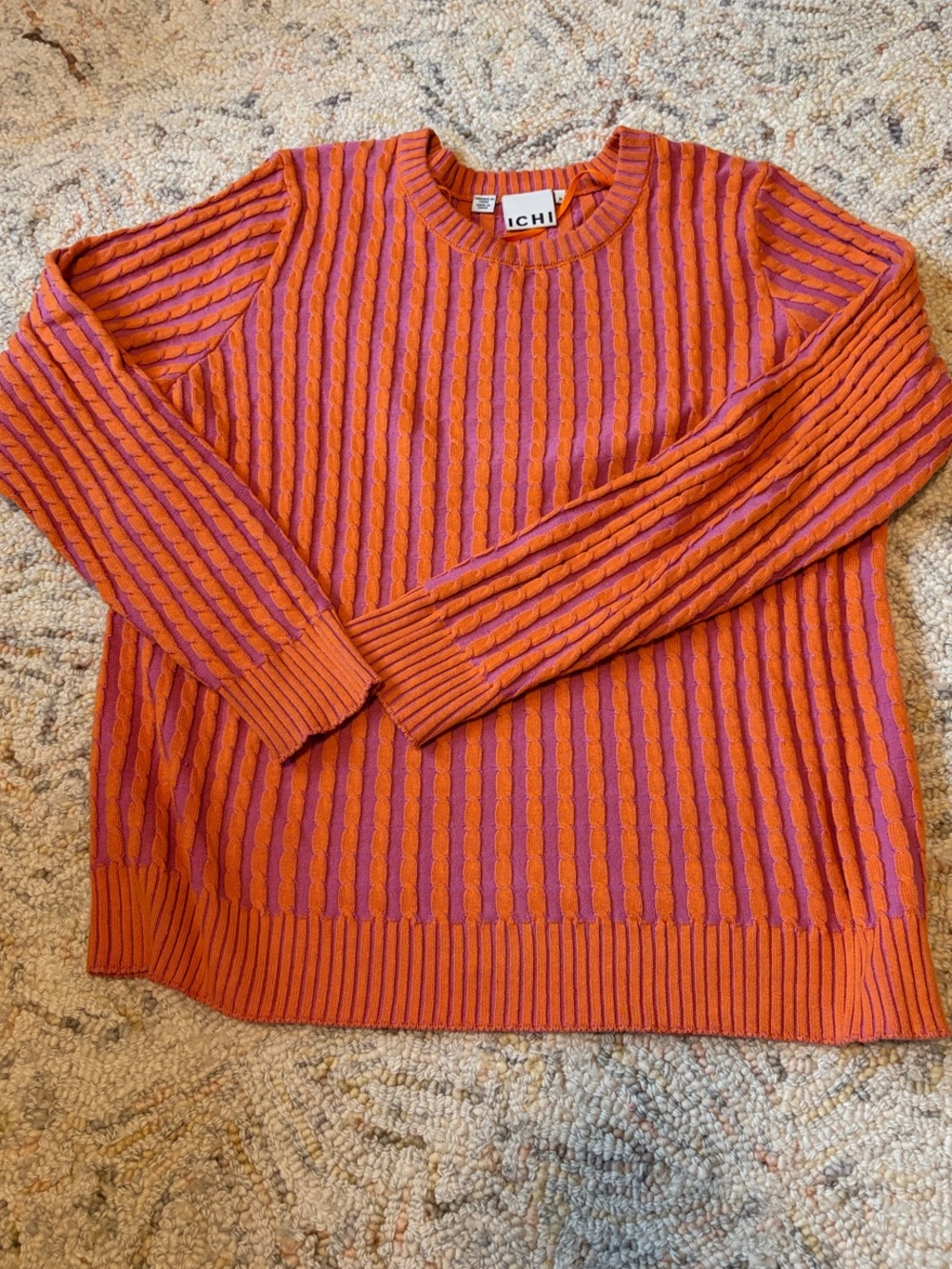 ICHI Orange and Pink Striped Cable Crewneck Sweater